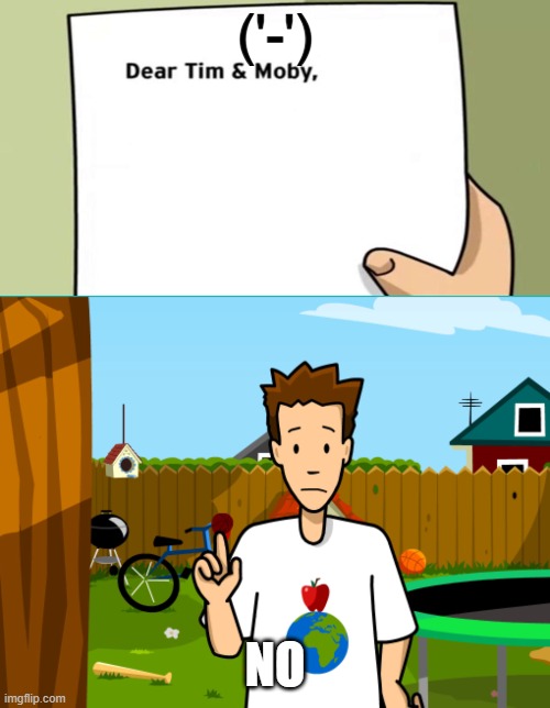 Dear Tim and Moby | ('-'); NO | image tagged in dear tim and moby | made w/ Imgflip meme maker
