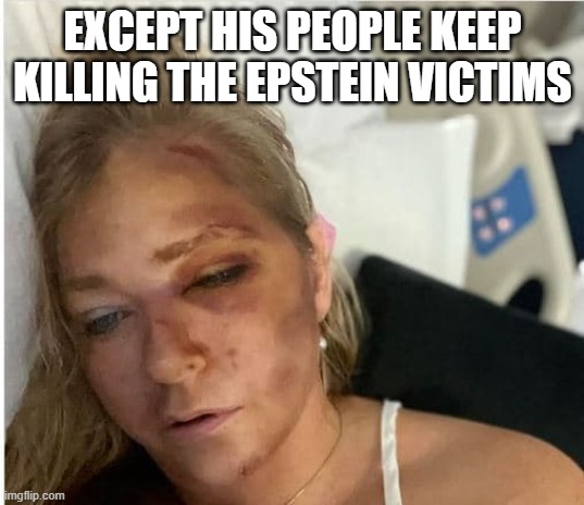 Virginia Giuffre hit by bus | EXCEPT HIS PEOPLE KEEP KILLING THE EPSTEIN VICTIMS | image tagged in virginia giuffre hit by bus | made w/ Imgflip meme maker