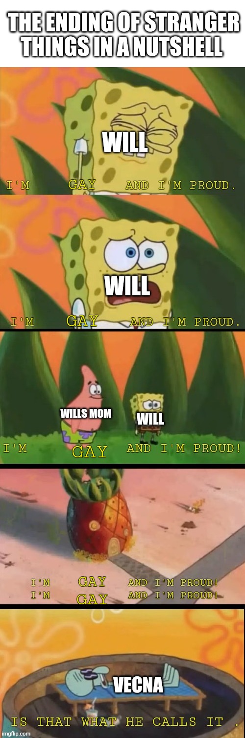 Stranger things ending | THE ENDING OF STRANGER THINGS IN A NUTSHELL; WILL; GAY; WILL; GAY; WILLS MOM; WILL; GAY; GAY; GAY; VECNA | image tagged in i'm blank and i'm proud | made w/ Imgflip meme maker