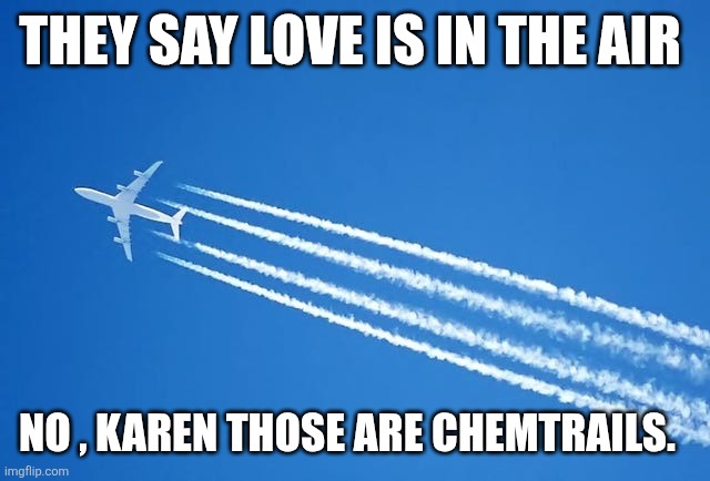 Valentines day memes | THEY SAY LOVE IS IN THE AIR; NO , KAREN THOSE ARE CHEMTRAILS. | image tagged in chemtrails | made w/ Imgflip meme maker