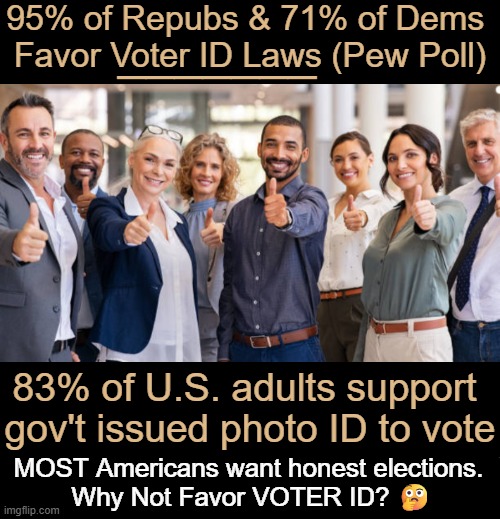 We all pretty much agree on voter ID laws, although Dems at a smaller percentage, (shocker)... | 95% of Repubs & 71% of Dems 
Favor Voter ID Laws (Pew Poll); _______; 83% of U.S. adults support 
gov't issued photo ID to vote; MOST Americans want honest elections. 

Why Not Favor VOTER ID? 🤔 | image tagged in voter id,aye fair enough,americans,agree,election fraud,voter fraud | made w/ Imgflip meme maker
