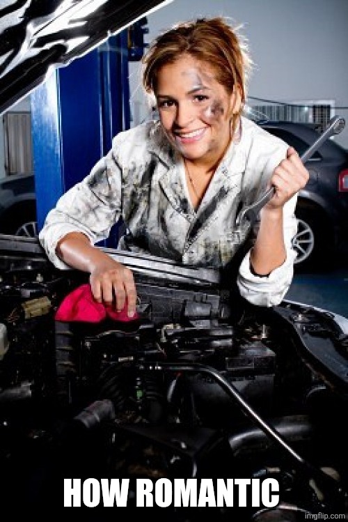 female mechanic | HOW ROMANTIC | image tagged in female mechanic | made w/ Imgflip meme maker