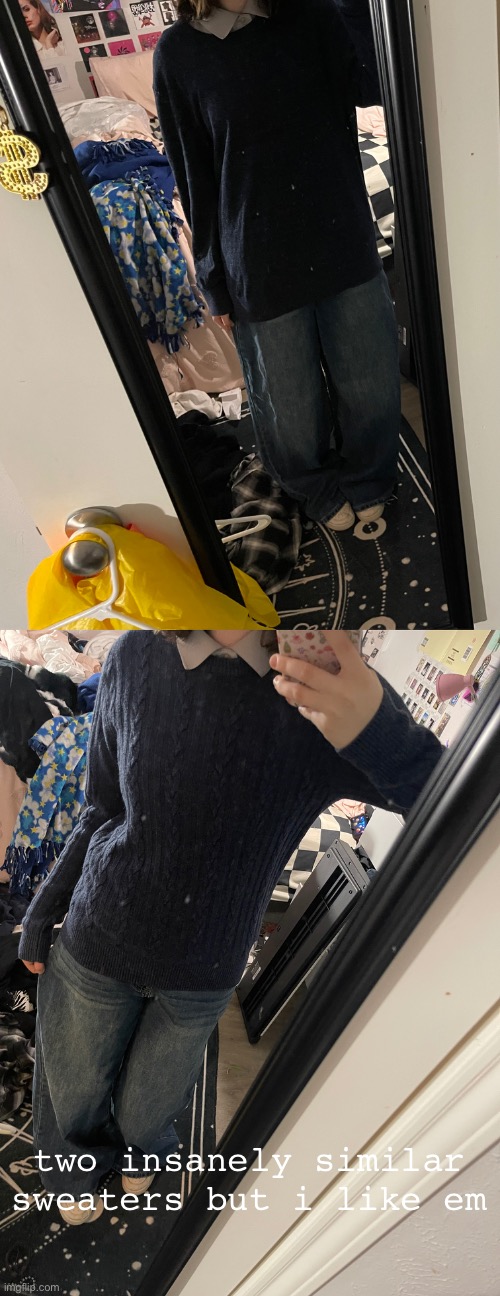 i went thrifting yesterday and got a wholr buncha stuff | two insanely similar sweaters but i like em | made w/ Imgflip meme maker