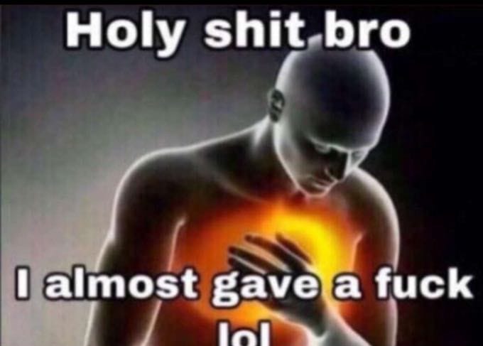 Holy shit bro I almost gave a fuck lol | image tagged in holy shit bro i almost gave a fuck lol | made w/ Imgflip meme maker