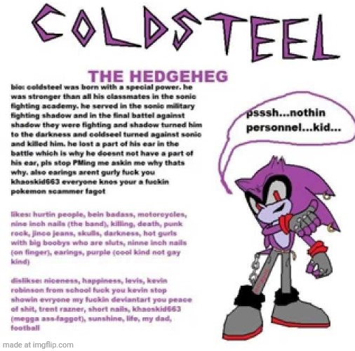 Coldsteel the Hedgeheg + Bio | image tagged in coldsteel the hedgeheg bio | made w/ Imgflip meme maker