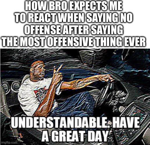 Fr | HOW BRO EXPECTS ME TO REACT WHEN SAYING NO OFFENSE AFTER SAYING THE MOST OFFENSIVE THING EVER | image tagged in understandable have a great day | made w/ Imgflip meme maker