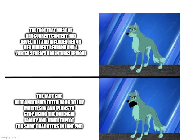 Today be Like (*PS I Made The Meme Myself And its Based Of The Drake Meme*) | THE FACT THAT MOST OF HER CURRENT CONTENT HAD JEWEL IN IT AND INCLUDED HER ON HER CURRENT REBRAND AND A VORTEX STORM'S ADVENTURES EPISODE; THE FACT SHE REBRANDED/REVERTED BACK TO LILY MILTER SON AND PLANS TO STOP USING THE COLENSKI FAMILY AND JEWEL EXPECT FOR SOME CHACHTERS IN JUNE 2ND | image tagged in mems,memes,here,lilym's memes | made w/ Imgflip meme maker