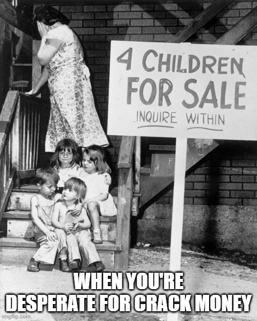 Sell the Kids | WHEN YOU'RE DESPERATE FOR CRACK MONEY | image tagged in dark humor | made w/ Imgflip meme maker