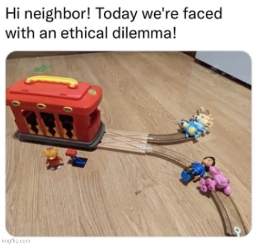 image tagged in dark humor,daniel tiger,trolley problem,death,problem,two paths | made w/ Imgflip meme maker