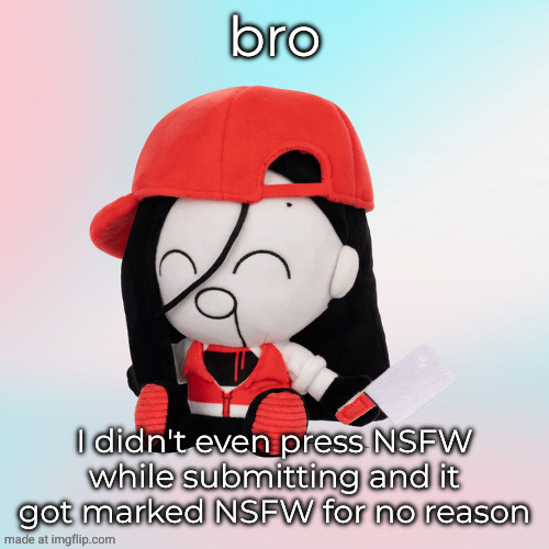 it happened twice on the same image | bro; I didn't even press NSFW while submitting and it got marked NSFW for no reason | image tagged in yi xi plush | made w/ Imgflip meme maker