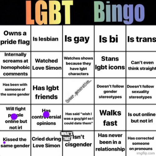 LGBTQ bingo | WHAT'S THAT | image tagged in lgbtq bingo | made w/ Imgflip meme maker