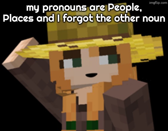 is it Things i forgor | my pronouns are People, Places and I forgot the other noun | image tagged in minecraft female farmer villager | made w/ Imgflip meme maker