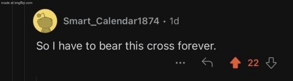 so i have to bear this cross forever. | image tagged in so i have to bear this cross forever | made w/ Imgflip meme maker