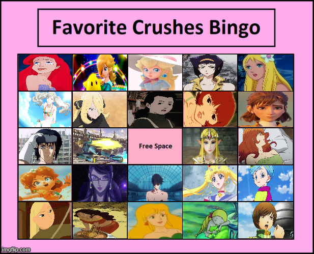 favorite crushes bingo | image tagged in favorite crushes bingo,bingos,the little mermaid,videogames,animated movies,anime | made w/ Imgflip meme maker