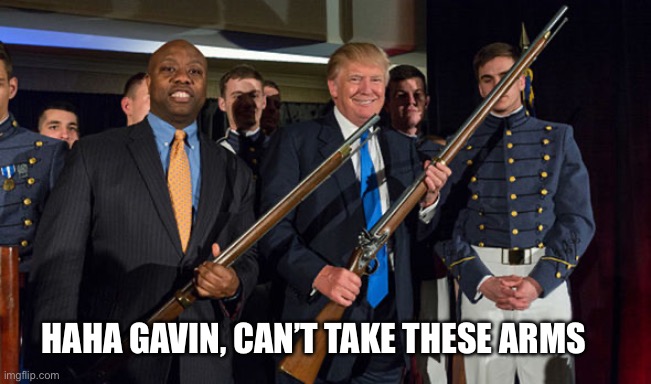 Screw outta here, Newscum | HAHA GAVIN, CAN’T TAKE THESE ARMS | image tagged in lol,gun laws,trump | made w/ Imgflip meme maker