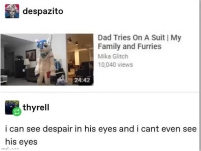 image tagged in furries,fursuit,costume,dads,despair,comments | made w/ Imgflip meme maker