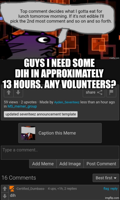 GUYS I NEED SOME DIH IN APPROXIMATELY 13 HOURS. ANY VOLUNTEERS? | made w/ Imgflip meme maker