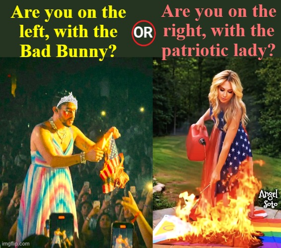 Bad Bunny vs patriot flag burning | Are you on the
right, with the
patriotic lady? Are you on the   
left, with the   
Bad Bunny? OR; Angel Soto | image tagged in bad bunny burns american flag,patriot woman burns lgbtt flag,bad bunny,flag,patriotic,american flag | made w/ Imgflip meme maker