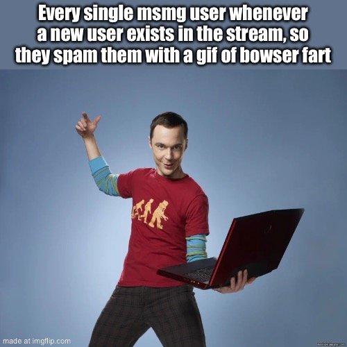 sheldon cooper laptop | Every single msmg user whenever a new user exists in the stream, so they spam them with a gif of bowser fart | image tagged in sheldon cooper laptop | made w/ Imgflip meme maker