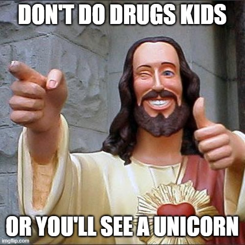 Buddy Christ Meme | DON'T DO DRUGS KIDS OR YOU'LL SEE A UNICORN | image tagged in memes,buddy christ | made w/ Imgflip meme maker