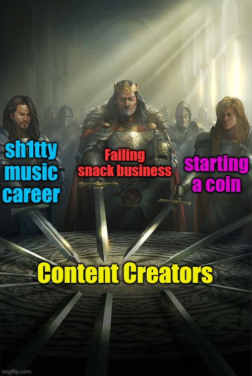 Hi Jimmy hi KSI hi hawk tuah girl | Failing snack business; sh1tty music career; starting a coin; Content Creators | image tagged in knights of the round table,content creation,youtubers,so true,businesses,memes | made w/ Imgflip meme maker