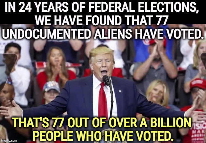 IN 24 YEARS OF FEDERAL ELECTIONS, 
WE HAVE FOUND THAT 77 
UNDOCUMENTED ALIENS HAVE VOTED. THAT'S 77 OUT OF OVER A BILLION 
PEOPLE WHO HAVE VOTED. | image tagged in trump,liar,undocumented,voters,voter fraud | made w/ Imgflip meme maker