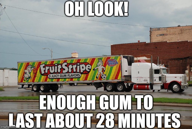 Oh Look! Enough Gum To Last About 28 Minutes | OH LOOK! ENOUGH GUM TO LAST ABOUT 28 MINUTES | image tagged in chrisjoines1 | made w/ Imgflip meme maker