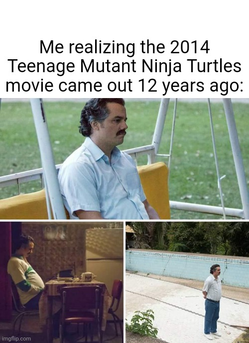 What happened to the 2014 Teenage Mutant Ninja Turtles movie? | Me realizing the 2014 Teenage Mutant Ninja Turtles movie came out 12 years ago: | image tagged in memes,sad pablo escobar,funny,teenage mutant ninja turtles,tmnt | made w/ Imgflip meme maker