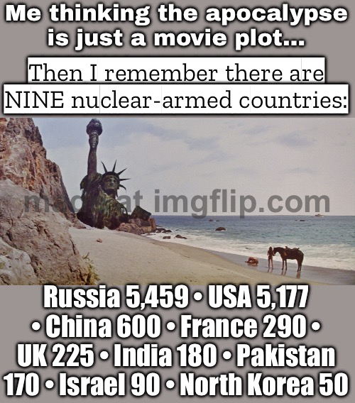 Me: "The apocalypse is just a meme, right?"; Also me realizing only 9 countries have nukes… and Russia & the USA have ~5K each | Me thinking the apocalypse is just a movie plot…; Then I remember there are NINE nuclear-armed countries:; Russia 5,459 • USA 5,177 • China 600 • France 290 • UK 225 • India 180 • Pakistan 170 • Israel 90 • North Korea 50 | image tagged in end of the world meme,apocalypse,nuclear war,world war 3,end of the world,nukes | made w/ Imgflip meme maker
