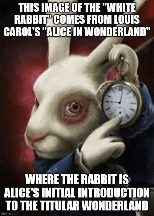 Rabbit Clock | THIS IMAGE OF THE "WHITE RABBIT" COMES FROM LOUIS CAROL'S "ALICE IN WONDERLAND"; WHERE THE RABBIT IS ALICE'S INITIAL INTRODUCTION TO THE TITULAR WONDERLAND | image tagged in rabbit clock | made w/ Imgflip meme maker