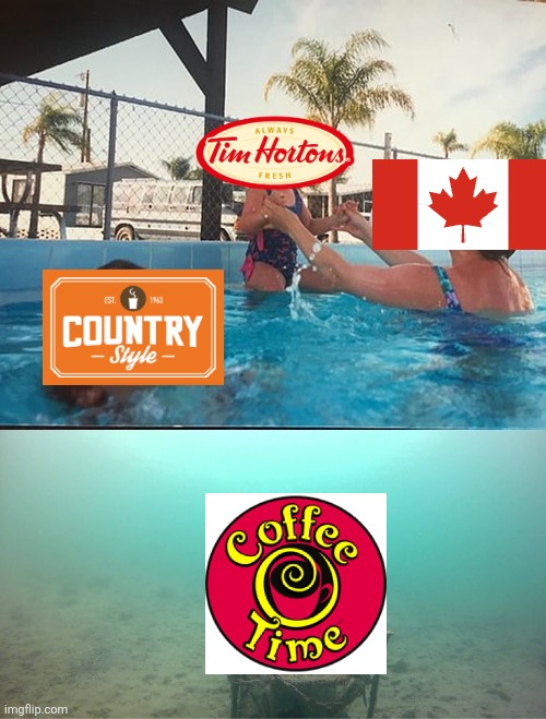 Tim Hortons is the most well-known coffee shop chain in Canada but there are two more you haven't heard of | image tagged in mother ignoring kid drowning in a pool,tim hortons,food memes,fast food,coffee | made w/ Imgflip meme maker