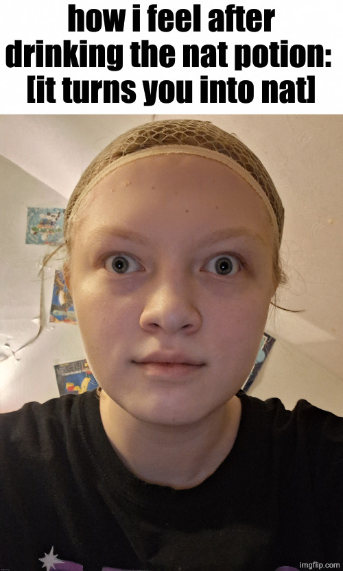 nat stare | how i feel after drinking the nat potion: 
[it turns you into nat] | image tagged in nat stare | made w/ Imgflip meme maker