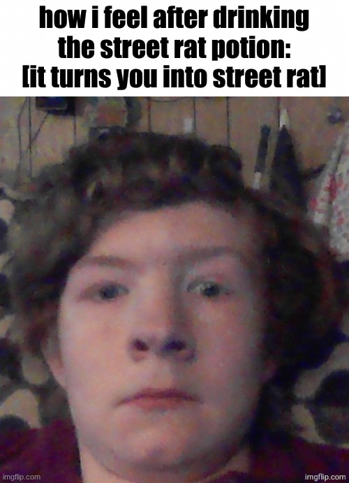Street Rat stare | how i feel after drinking the street rat potion:
[it turns you into street rat] | image tagged in street rat stare | made w/ Imgflip meme maker