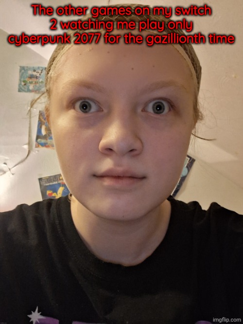 nat stare | The other games on my switch 2 watching me play only cyberpunk 2077 for the gazillionth time | image tagged in nat stare | made w/ Imgflip meme maker