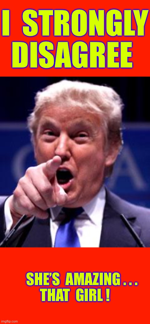 Trump Coming To Pam Bondi’s Defense !!!  NICE JOB / KUDOS !  : ) | I  STRONGLY
DISAGREE; SHE’S  AMAZING . . .

 THAT  GIRL ! | image tagged in trump trademark | made w/ Imgflip meme maker