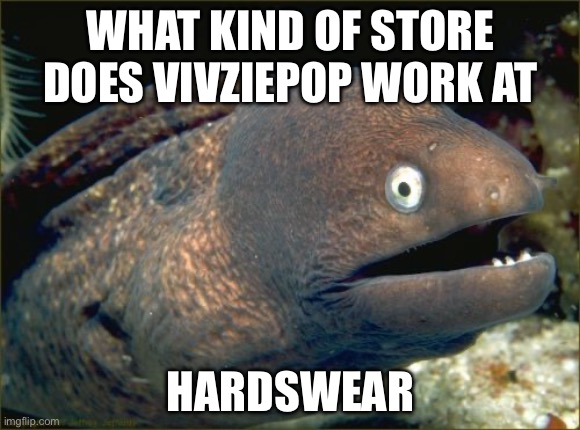Bad Joke Eel Meme | WHAT KIND OF STORE DOES VIVZIEPOP WORK AT; HARDSWEAR | image tagged in memes,bad joke eel,hazbin hotel,vivziepop,jokes,helluva boss | made w/ Imgflip meme maker