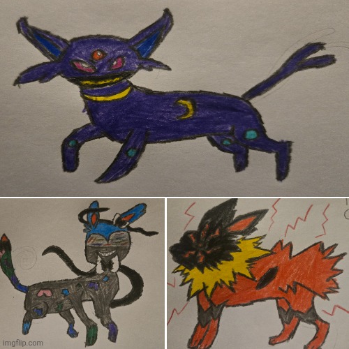 Is been a while, but I made more new OCs! Meet Chaos (Espeon), Kigen (Sylveon) and Anarchy (Jolteon)! | made w/ Imgflip meme maker