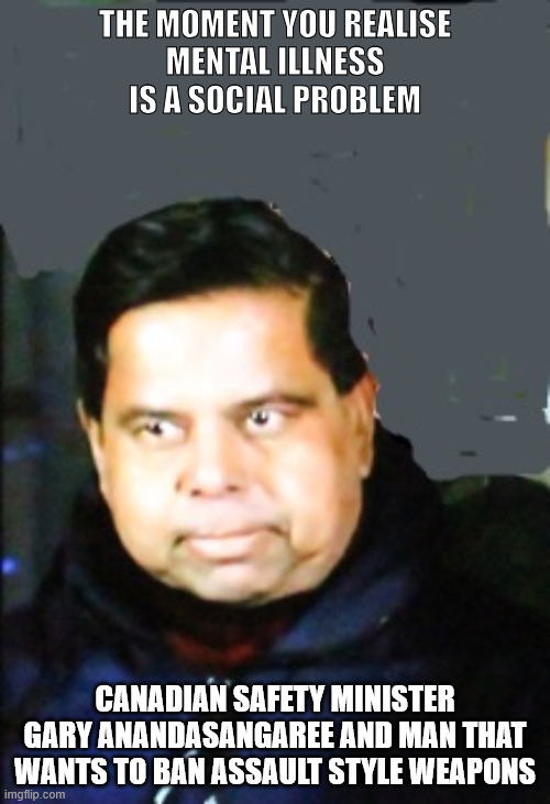 Tumbler Ridge | THE MOMENT YOU REALISE
 MENTAL ILLNESS 
IS A SOCIAL PROBLEM; CANADIAN SAFETY MINISTER GARY ANANDASANGAREE AND MAN THAT WANTS TO BAN ASSAULT STYLE WEAPONS | image tagged in school shooting,gun control,canada,guns,liberals,mental illness | made w/ Imgflip meme maker