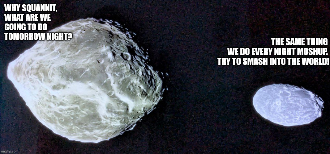 MOSHUP AND THE SQUANNIT | WHY SQUANNIT, 
WHAT ARE WE 
GOING TO DO 
TOMORROW NIGHT? THE SAME THING 
WE DO EVERY NIGHT MOSHUP. 
TRY TO SMASH INTO THE WORLD! | image tagged in science | made w/ Imgflip meme maker