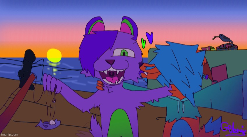 "he finally caught one" - Gebrix [late Valentine's art] | image tagged in gebrix,brandon,fishing,gay,valentine's day | made w/ Imgflip meme maker