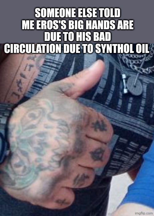 SOMEONE ELSE TOLD ME EROS'S BIG HANDS ARE DUE TO HIS BAD CIRCULATION DUE TO SYNTHOL OIL | made w/ Imgflip meme maker