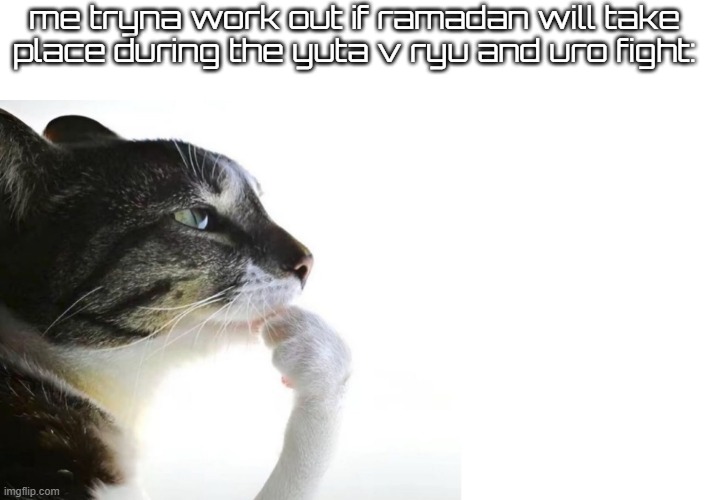 ok so if this week(when ramadan starts) its on hiatus and next 2 weeks is expected to be higaruma v yuji thenn | me tryna work out if ramadan will take place during the yuta v ryu and uro fight: | image tagged in thinker | made w/ Imgflip meme maker
