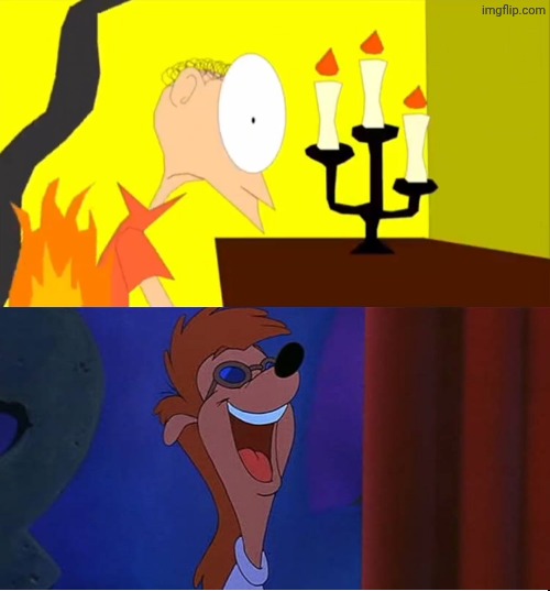 Bobby Zimmeruski Laughs at Matthew's clothes on fire? | image tagged in who laughs at matthew's clothes on fire,deviantart,crossover,disney,goofy | made w/ Imgflip meme maker