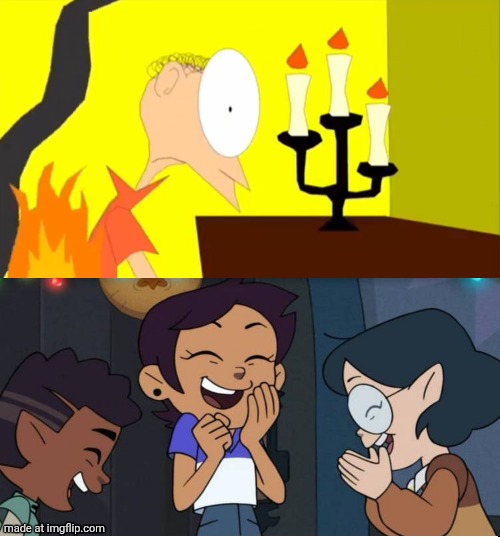 Luz Gus and Willow Laughs At Matthew's clothes on fire!? | image tagged in who laughs at matthew's clothes on fire,deviantart,crossover,disney,the owl house | made w/ Imgflip meme maker