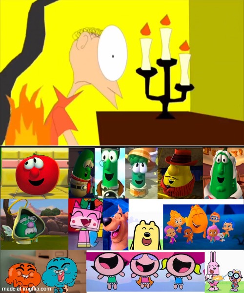 Toon Friends laughing at Matthew's clothes on fire | image tagged in toon friends laughing at what,deviantart,crossover,veggietales,the amazing world of gumball,nickelodeon | made w/ Imgflip meme maker