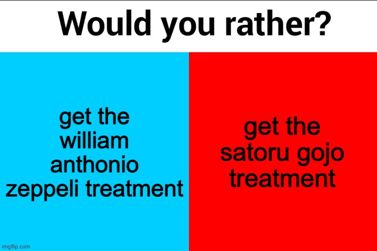 (both are the exact same) | get the william anthonio zeppeli treatment; get the satoru gojo treatment | image tagged in would you rather | made w/ Imgflip meme maker