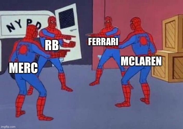 4 Spiderman pointing at each other | FERRARI; RB; MCLAREN; MERC | image tagged in 4 spiderman pointing at each other | made w/ Imgflip meme maker