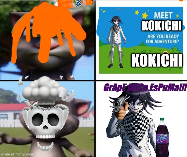 GrApE jUiCe EsPuMa | KOKICHI; KOKICHI; GrApE jUiCe EsPuMa!!! | image tagged in ruin this fill in meme 502,grape,juice,coca cola espuma,deviantart,oh wow are you actually reading these tags | made w/ Imgflip meme maker