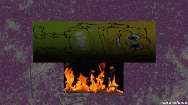 SpongeBob roasting over an open fire. | image tagged in my balls are burning,exclaimed spongebob | made w/ Imgflip meme maker