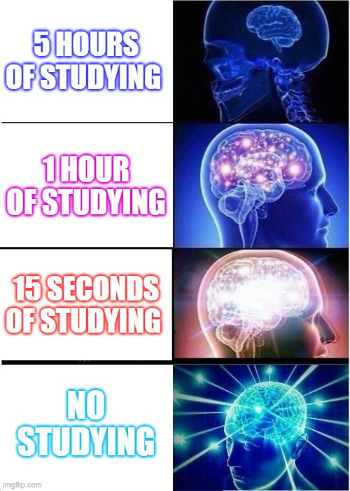 Studying hack | 5 HOURS OF STUDYING; 1 HOUR OF STUDYING; 15 SECONDS OF STUDYING; NO STUDYING | image tagged in memes,expanding brain | made w/ Imgflip meme maker